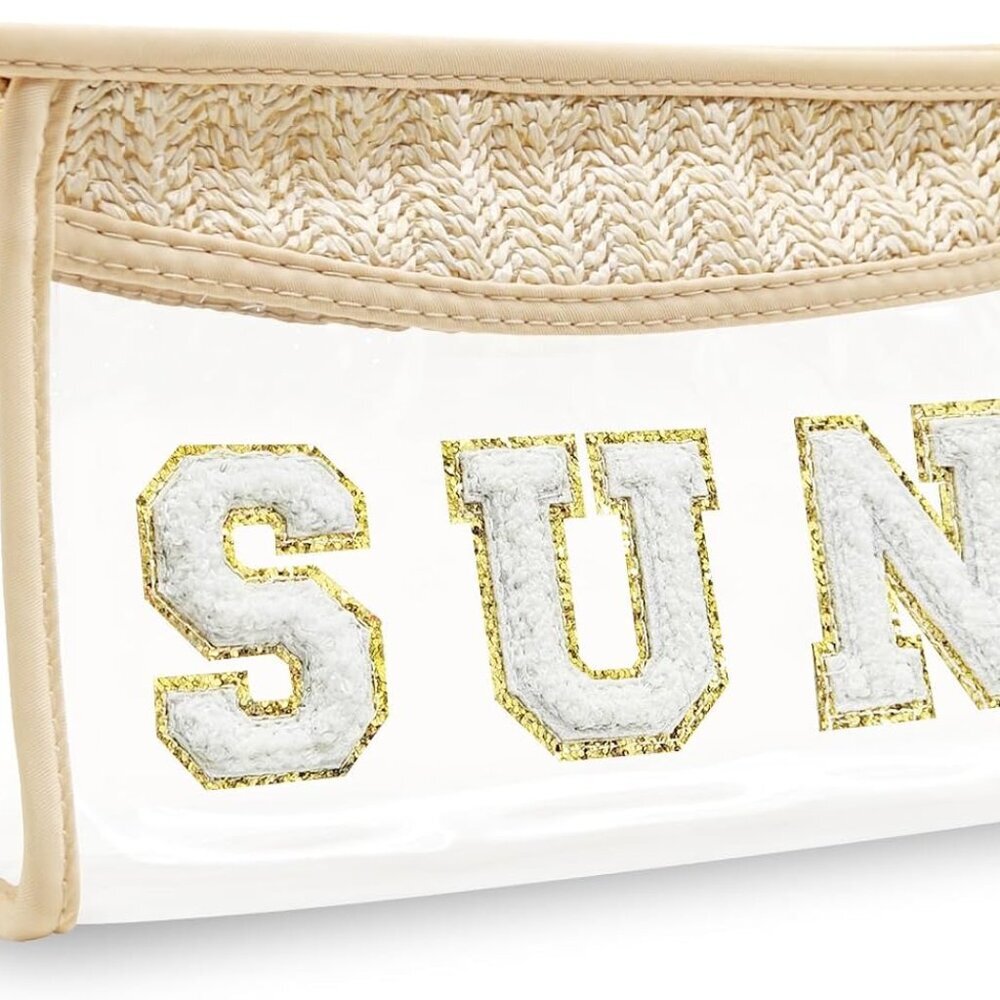 Boho Hand-woven Makeup Bag, Chenille Letter Patch Clear Travel Pouch, Rattan Str